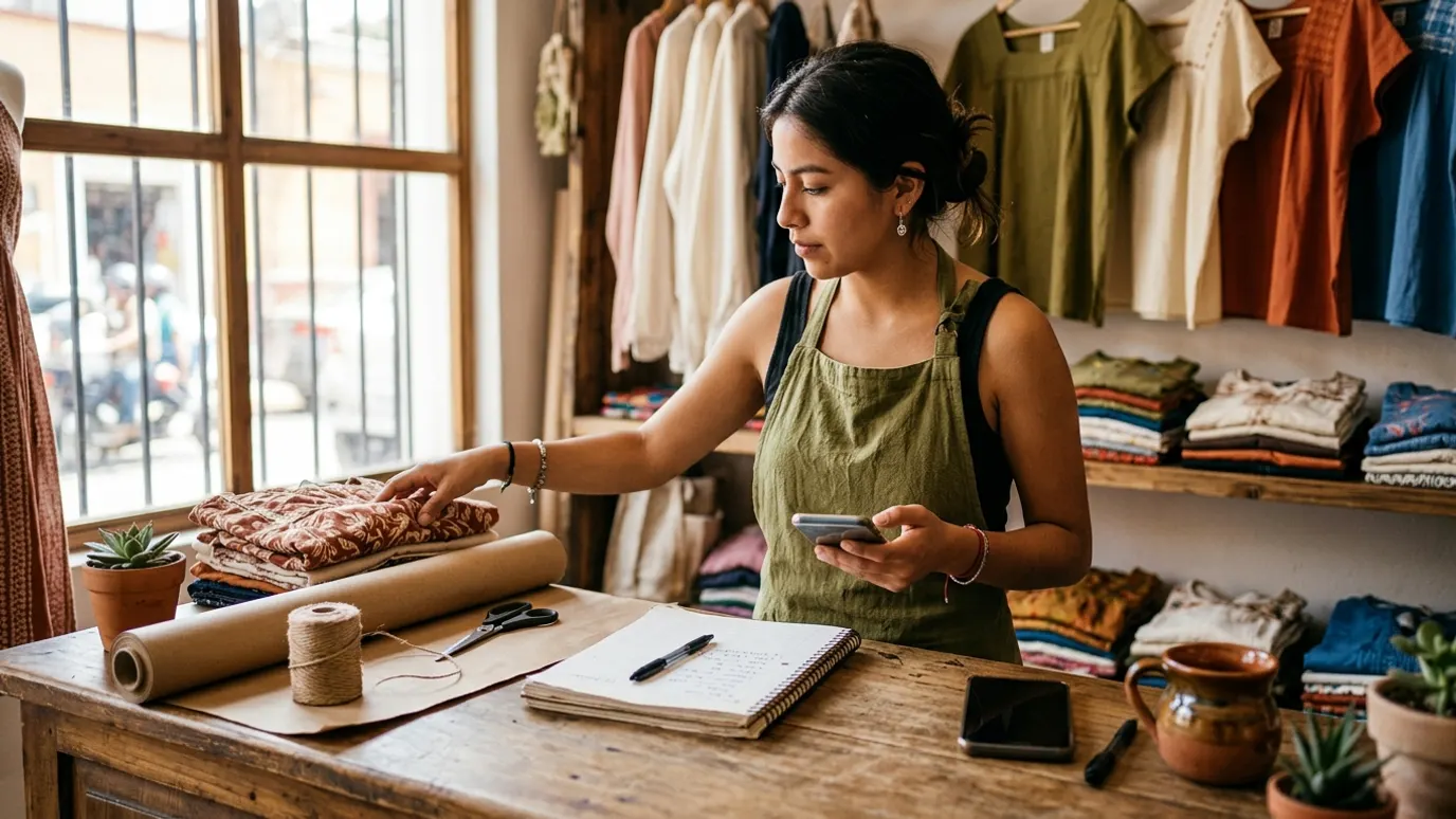 Vendedora de una boutique dobla una blusa junto a dos celulares y una libreta de pedidos sobre el mostrador de madera