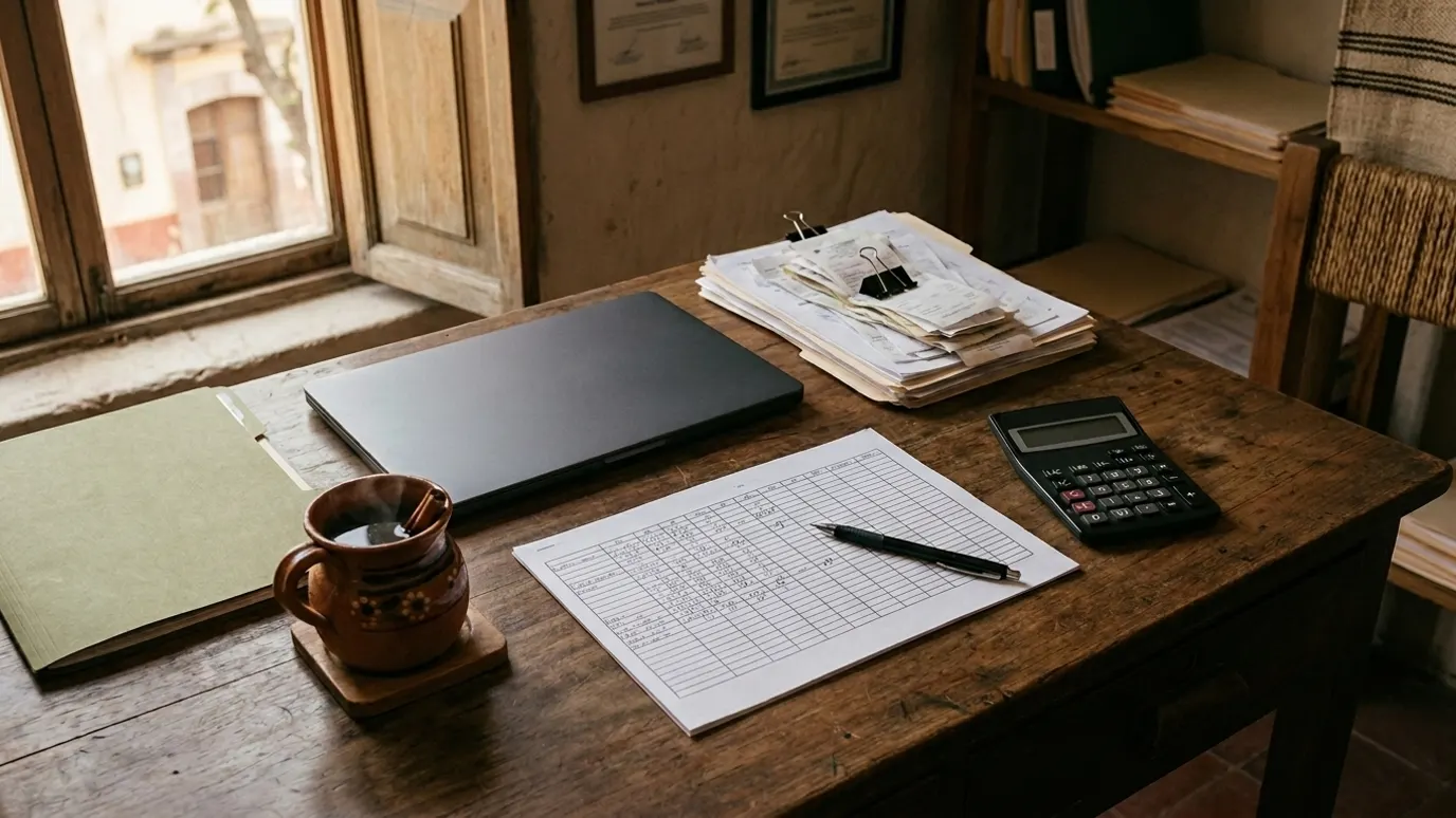 Escritorio visto desde arriba con una hoja de cálculo impresa, calculadora, recibos y una taza de café
