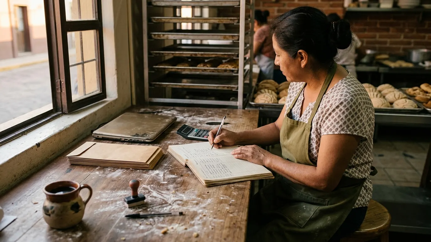 Manos de una dueña de panadería anotando pagos en una libreta junto a sobres de nómina, una calculadora y una laptop cerrada